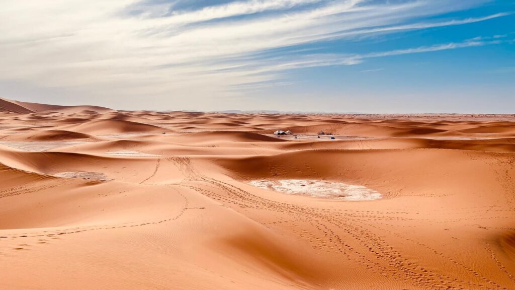Dunes ondulées du Sahara sous un ciel voilé